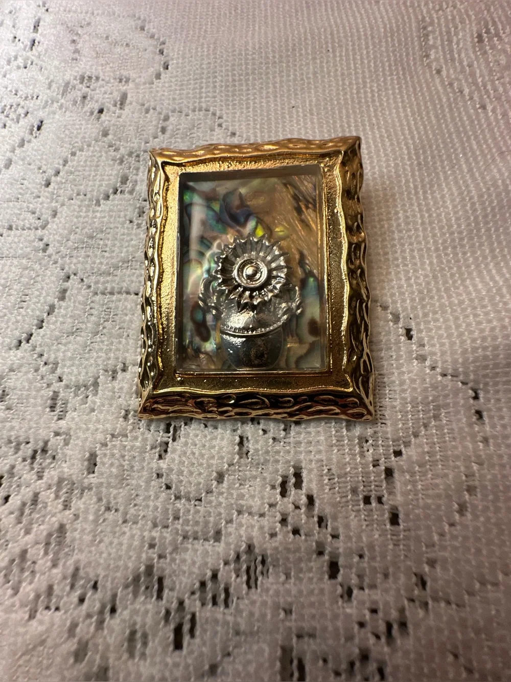 Gold Framed Art Brooch with Abalone Shell Sunflower Accent